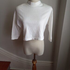 VINTAGE 1980S WHITE COTTON CROP TOP WITH SHOULDER PADS M